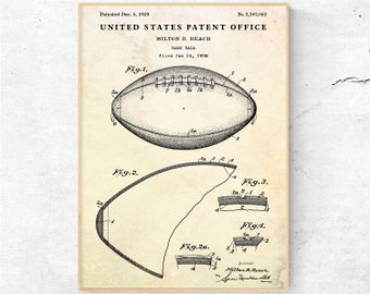 Lámina artística de patente de balón de fútbol americano de 1939, plano antiguo, regalo deportivo