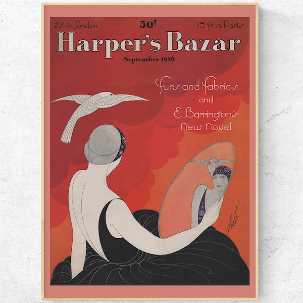 Retro Fashion Wandkunst. Vintage Magazin Cover Print. Art Deco Poster. Frau und Spiegel, September 1926