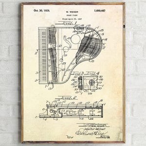 Grand Piano 1928 Patent Print. Vintage Piano Poster. Music Room Decor. Gift for Pianist. Music Instrument Blueprint Wall Art