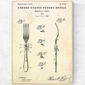 Antique Fork 1884 Patent Print. Kitchen Vintage Decor, Dining Room Wall Art. Cutlery Inventions Blueprint Poster