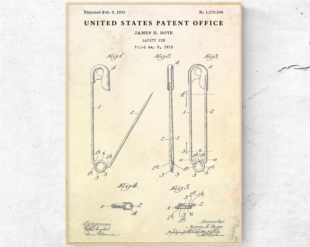 Safety Pin 1915 Patent Print. Inventions Blueprint Poster. Sewing Wall ...