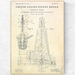 Drilling Rig 1911 Patent Art Print. Blueprint Poster. Petroleum Engineer Gift. Oil Industry Vintage Wall Decor. Ready to Hang Canvas