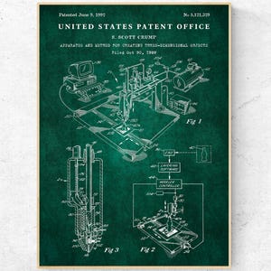 May include: A framed patent print from the United States Patent Office, dated June 9, 1992. The green print features technical diagrams and schematics for creating three-dimensional objects, with the name S. Scott Crump.