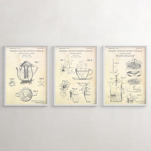 Tee Brau Patent Wand Kunst, Küche Vintage Dekor, French Press, Teebeutel Blueprint Poster, Geschenk für Kaffee & Tee Liebhaber, 3er Set Prints