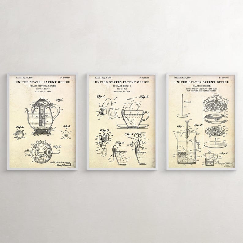 May include: Three vintage black and white United States Patent Office drawings for a coffee maker, tea infuser, and tea pot. The drawings are on a cream-coloured background. The text on the drawings includes the patent number, the inventor's name, and the date of the patent.
