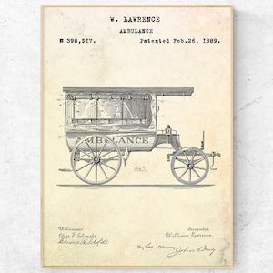 May include: A black and white illustration of a horse-drawn ambulance, patented in 1889. The patent number is 398,517. The ambulance has a large, open back with a wooden frame and a canvas top. The wheels are large and spoked, and the horse is harnessed to the front of the vehicle. The text "AMBULANCE" is printed on the side of the vehicle.