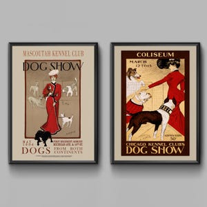 以下が含まれることがあります： 犬のショーを宣伝する2つの額入りのヴィンテージポスター。左側のポスターには、日付と場所が記載された「Mascoutah Kennel Club Dog Show」と書かれています。右側のポスターには、日付と入場料が記載された「Coliseum Chicago Kennel Club's Dog Show」と書かれています。