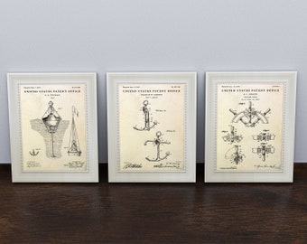 Vintage Nautical Decor, set of 3 Patent Prints, Beach House Wall Art, Blueprint Poster