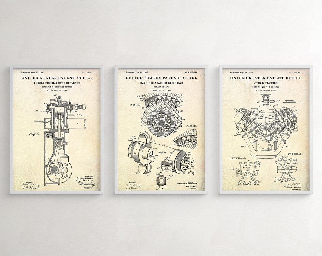 Car Engine Evolution Patent Wall Art. Automotive Inventions Blueprint ...