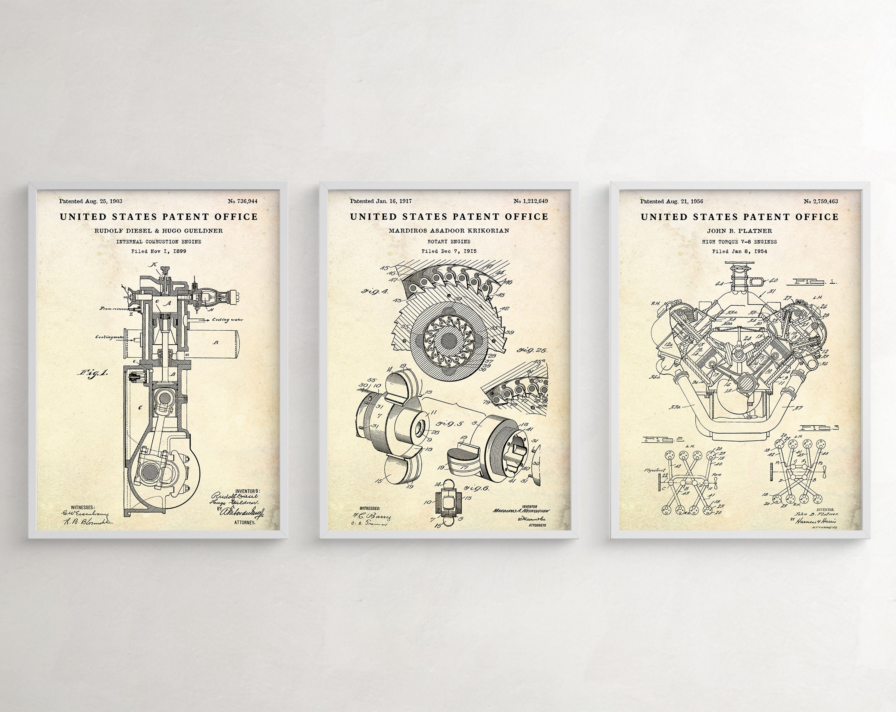 Car Engine Evolution Patent Wall Art. Automotive Inventions Blueprint ...