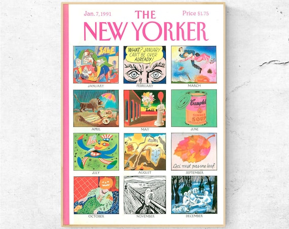 Affiche de calendrier humoristique. art mural de couverture de magazine  vintage. Impression des années 1990. 7 janvier 1991 -  France