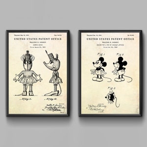 Minnie & Mickey Mouse Patent Wall Art, Cartoon Character Design Blueprint Poster, Gift for Couple, Nursery Decor, Set of 2 Prints