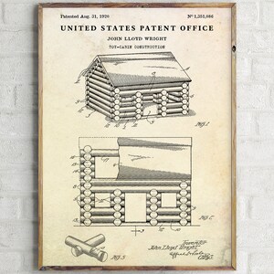 Op de afbeelding: Een vintage patenttekening voor een speelgoedhouten huttenbouwset. De tekening toont een blokhut met een deur en ramen, en een aparte tekening van de blokken. Het patentnummer is 1.351.086 en de uitvinder is John Lloyd Wright. Het patent werd ingediend op 31 augustus 1920.