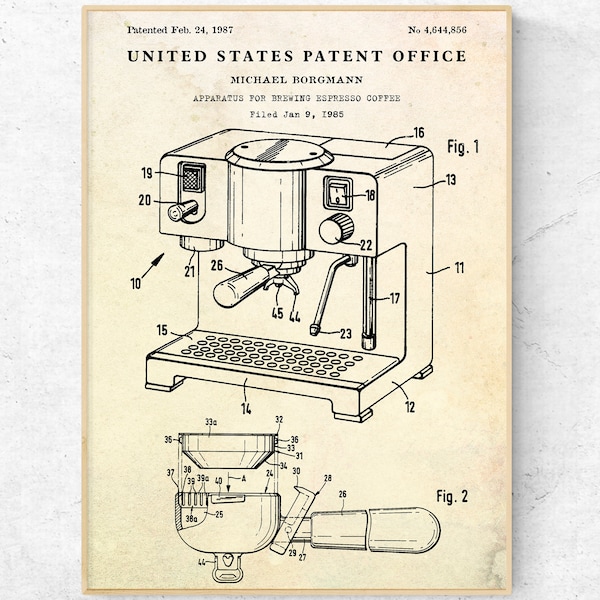 Stampa brevetto macchina per caffè espresso. Manifesto della cucina. Arredamento vintage del caffè bistrot. Arte da parete per barista, regalo per gli amanti del caffè, tela pronta per essere appesa