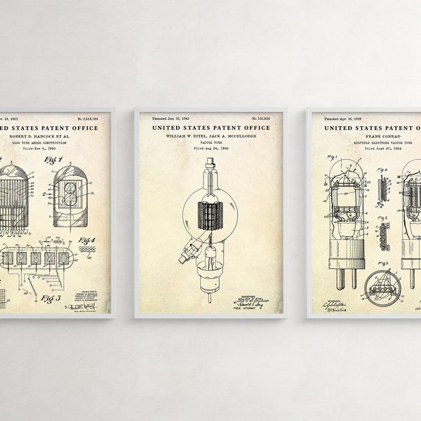 Vacuum Tube Patent Wall Art, Radio Tube Inventions Blueprint Poster, Geek Steampunk Audiophile Gift, Loft Nerd Decor, Set Of 3 Prints