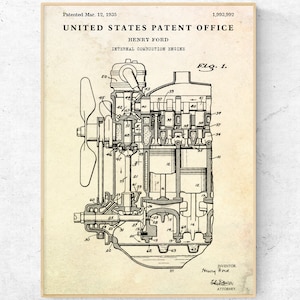 Impresión de patente del motor de combustión interna Ford de 1935. Póster con planos de inventos de ingeniería vehicular. Arte mural automotriz, decoración de garaje para el hogar.