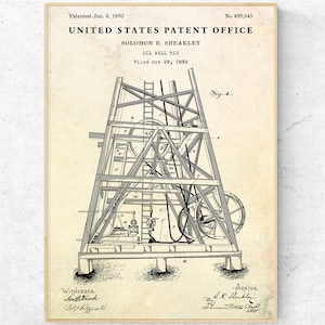 Oil Well Rig 1893 Patent Print. Inventions Blueprint Poster. Petroleum Engineer Gift. Oil Industry Vintage Wall Art. Ready to Hang Canvas