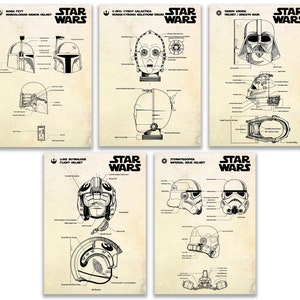Sci-Fi Movie Posters. Cyborg Droid Armor Helmet Schematic Blueprint Wall Art, Set of 5 Prints