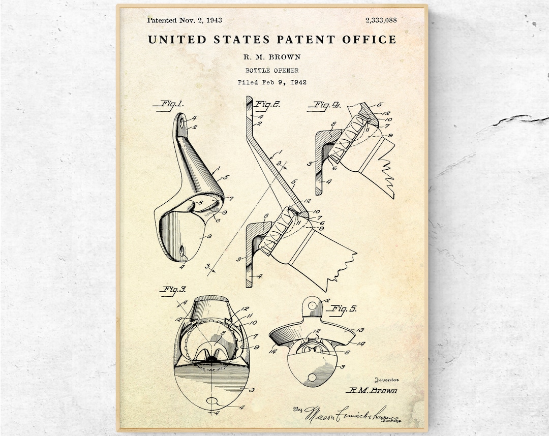 Bottle Opener Patent Print Blueprint Wall Art Kitchen Etsy