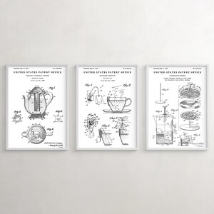 May include: Three black and white United States Patent Office drawings for tea brewing methods. The first drawing shows a teapot with a strainer. The second drawing shows a tea bag in a cup. The third drawing shows a coffee maker with a filter.