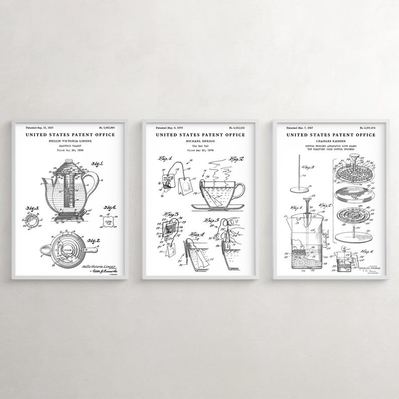 May include: Three black and white United States Patent Office drawings for tea brewing methods. The first drawing shows a teapot with a strainer. The second drawing shows a tea bag in a cup. The third drawing shows a coffee maker with a filter.