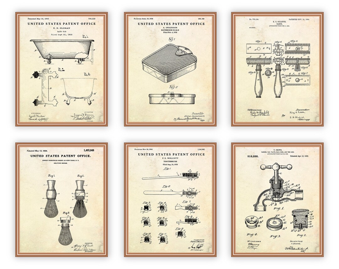 Bathroom Wall Art Patent Drawing Print, Set of 6 Patent Prints Vintage ...