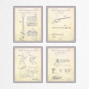 Fender Electric Guitar Patent Wall Art, Vintage Music Room Decor, Blueprint Poster, Guitarist Gift, Set of 4 Prints