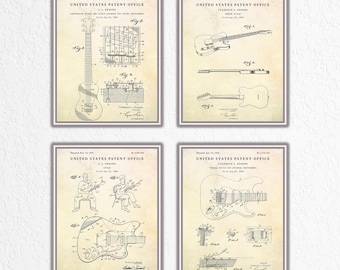 Arte mural de patente de guitarra eléctrica Fender, decoración vintage para sala de música, póster con planos, regalo para guitarrista, juego de 4 impresiones