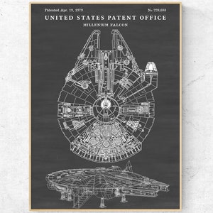 May include: A black and white blueprint style illustration of the Millennium Falcon spaceship from Star Wars. The image is titled "United States Patent Office" and includes the patent number "No. 228,688".