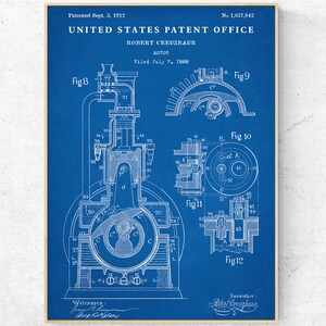 May include: A blueprint of a United States patent for a motor, patented on September 3, 1912, by Robert Creuzbaur. The patent number is 1,037,842. The blueprint shows a detailed diagram of the motor with various parts labeled.