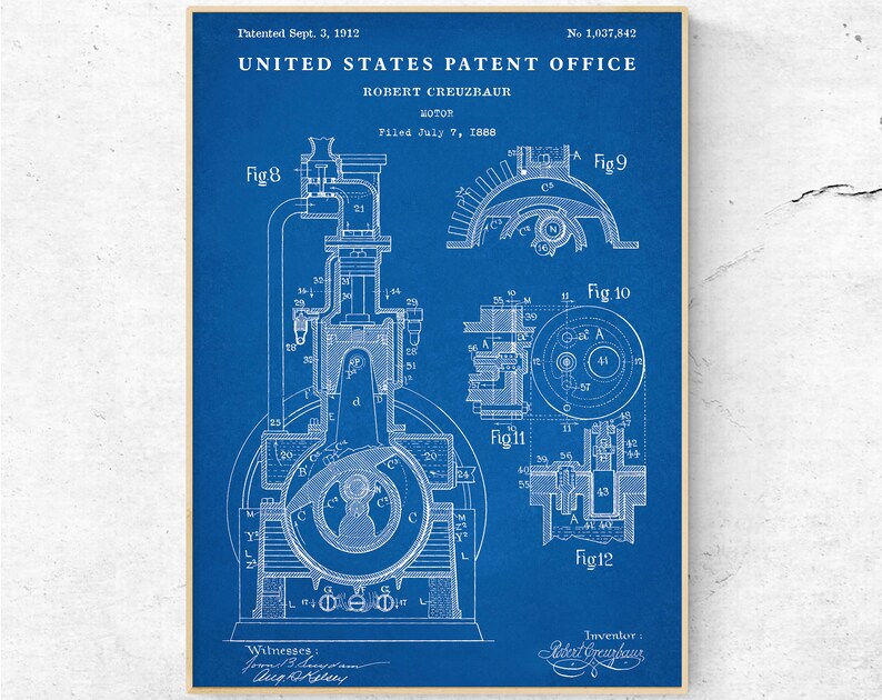 May include: A blueprint of a United States patent for a motor, patented on September 3, 1912, by Robert Creuzbaur. The patent number is 1,037,842. The blueprint shows a detailed diagram of the motor with various parts labeled.