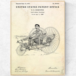 High Wheel Tricycle 1887 Patent Print, Bicycle Vintage Wall Art, Bike Retro Decor, Cycling Blueprint Poster, Cyclist Gift Ideas