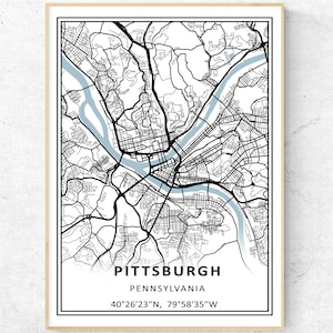 Pittsburgh PA City Map Print, Modern Minimalist Map Wall Art, Pennsylvania Travel Gift Poster