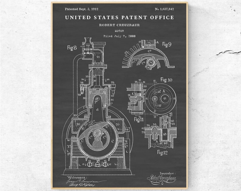 May include: Black and white illustration of a patent for a motor, filed on July 7, 1888, by Robert Creuzbaur. The patent number is 1,037,842. The illustration shows a detailed diagram of the motor with various parts labeled.
