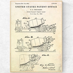 Concrete Mixer 1963 Patent Print. Cement Truck Invention, Transit Mixer Blueprint Poster Construction Industrial Decor, Ready to Hang Canvas