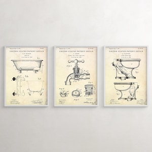 Poster da parete con brevetto per bagno vintage, vasca da bagno, rubinetto, WC, decorazione retrò per bagno con impianto idraulico industriale, set di 3 stampe