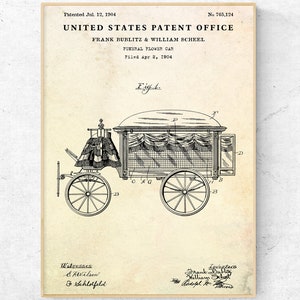 Impression de brevet de voiture de fleurs funéraires de 1904. Affiche du plan directeur des inventions des chariots funéraires. oeuvre d&#39;art murale vintage, cadeau pour pompes funèbres