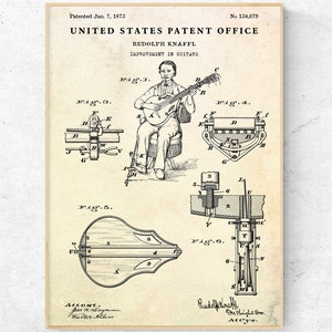 Antique Guitar 1873 Patent Print. Blueprint Poster. Music Room Vintage Decor. Guitarist Wall Art, Guitar Player Gift