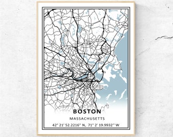 Boston City Map Print, Modern Map Wall Art, Massachusetts Travel Gift Poster