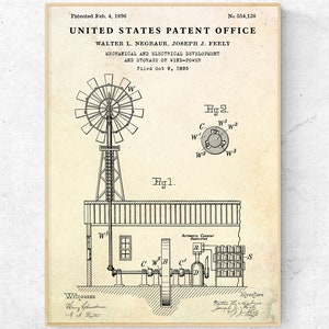 Wind Turbine Scheme 1896 Patent Print. Renewable Energy Invention, Windmill Blueprint, Wind Power Technology Poster, Wind Energy Wall Art