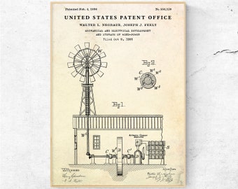1896 Wind Turbine Patent Art Print, Wind Power Blueprint Poster