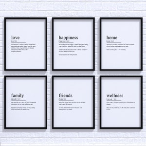 Love, Happiness, Home, Family, Wellness, Friends Definition Wall Art, Modern Decor, Minimalist Gift, Quotes Poster, Set of 6 Prints