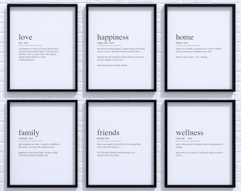 Love, Happiness, Home, Family, Wellness, Friends Definition Wall Art, Modern Decor, Minimalist Gift, Quotes Poster, Set of 6 Prints