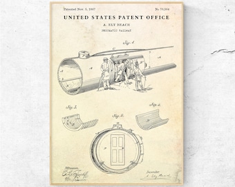 Pneumatic Railway Tube 1867 Patent Print. Vacuum Railroad Blueprint Poster, Train Vintage Inventions, History Buff Gift, Steampunk Wall Art