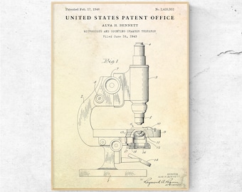 Impresión de patente de microscopio de 1948. Decoración de ciencia forense, arte mural para consultorios médicos de investigación médica, póster con planos de inventos, regalo para científicos.