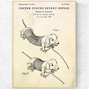 Slinky Dog 1957 Patent Print, Sausage Dog Toy Invention Blueprint Poster, Dachshund Owner Gift, Kids Room Wall Art, Playroom Vintage Decor