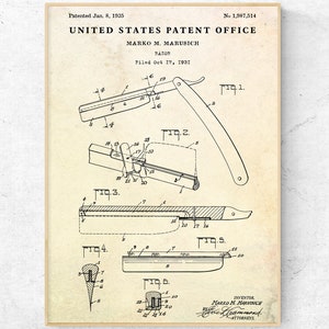 Straight Razor 1935 Patent Print. Shaving Inventions Blueprint Poster. Bathroom Wall Decor. Gift for Men. Man Cave Wall Art