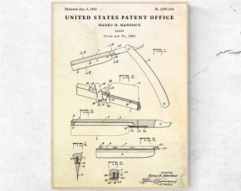 Straight Razor 1935 Patent Print. Shaving Inventions Blueprint Poster. Bathroom Wall Decor. Gift for Men. Man Cave Wall Art