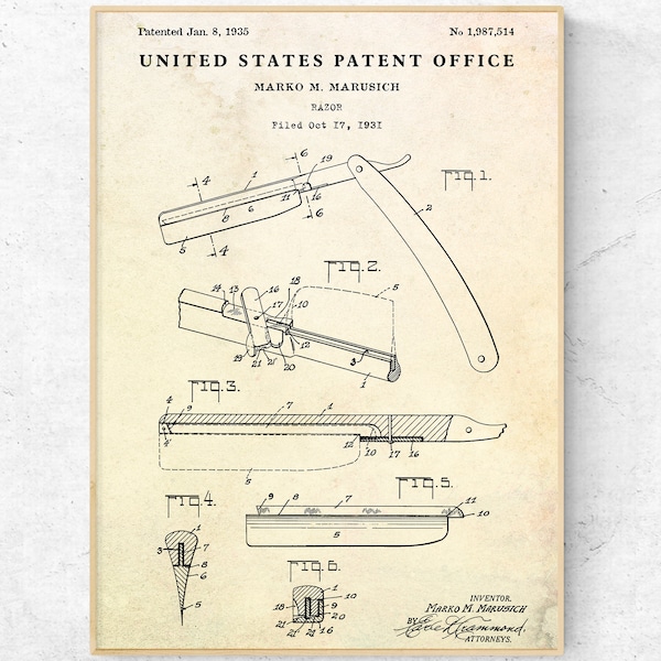 Straight Razor 1935 Patent Print. Shaving Inventions Blueprint Poster. Bathroom Wall Decor. Gift for Men. Man Cave Wall Art