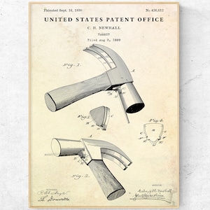 Hammer 1890 Patent Print. Inventions Blueprint. Garage Wall Art. Workroom, Repair Shop Vintage Posterб Workshop Decor